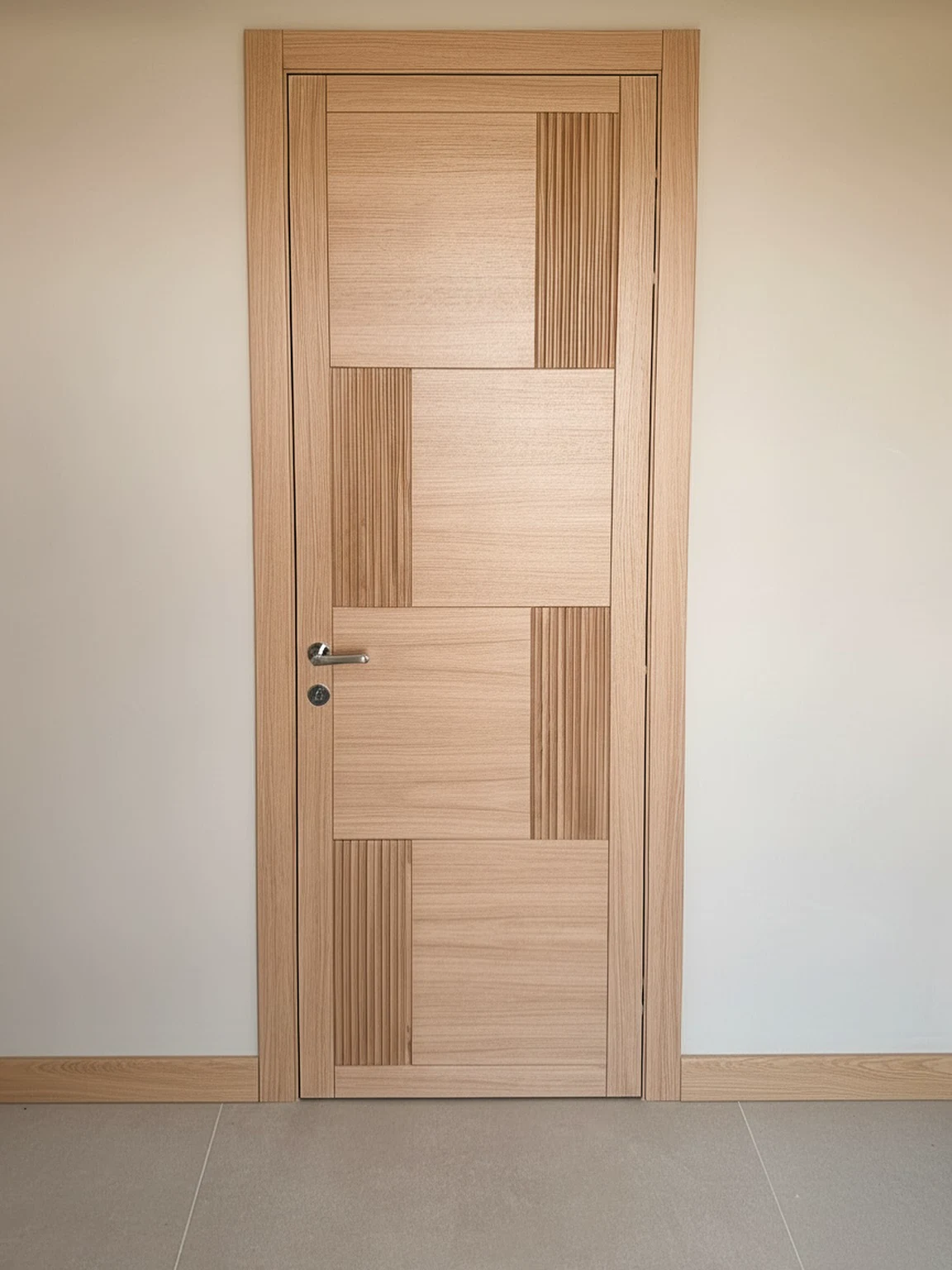 Helle furnierte Innentür mit dekorativem geometrischem Furnierbild