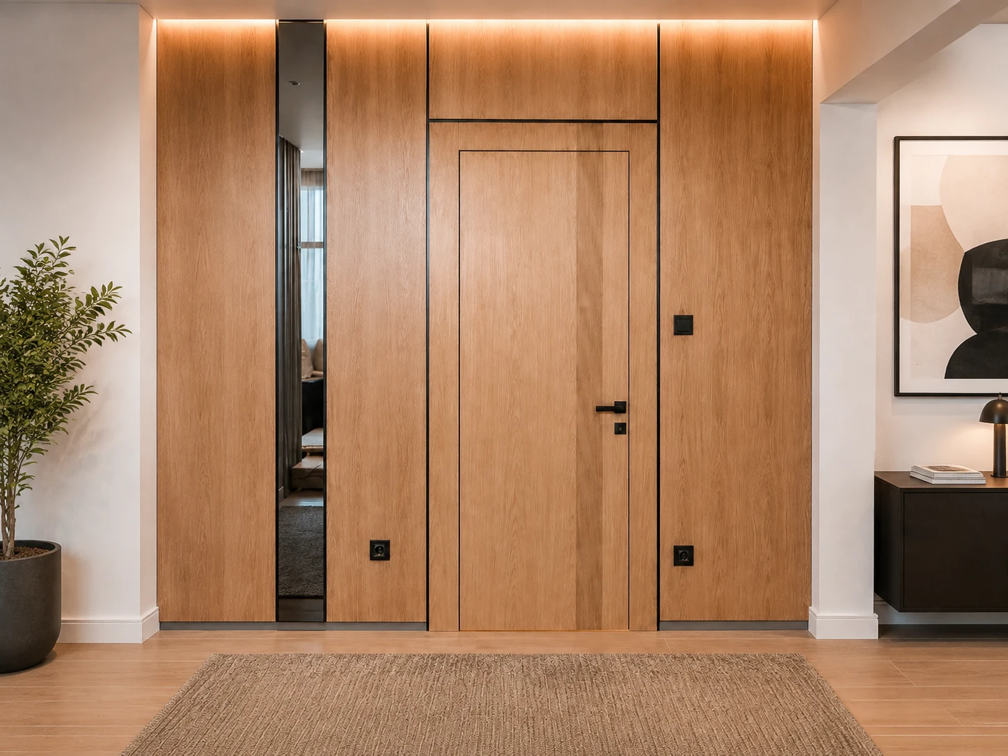 Wandbündige furnierte Tür in einer durchgehenden Eichenwand