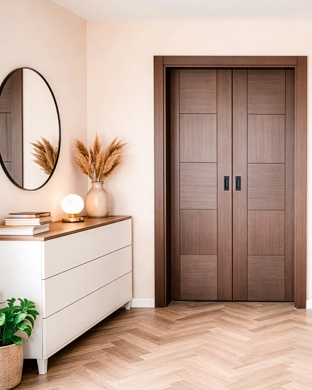 Zweiflügelige Holz-Schiebetür in einem modern eingerichteten Innenraum
