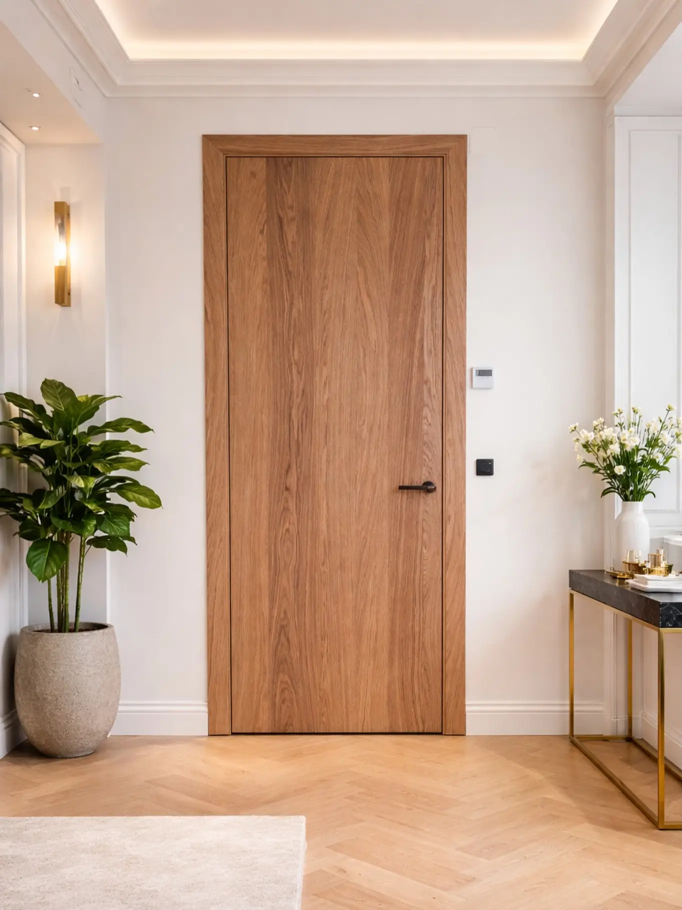 Wandbündige Innentür aus Eiche im eleganten Wohninterieur